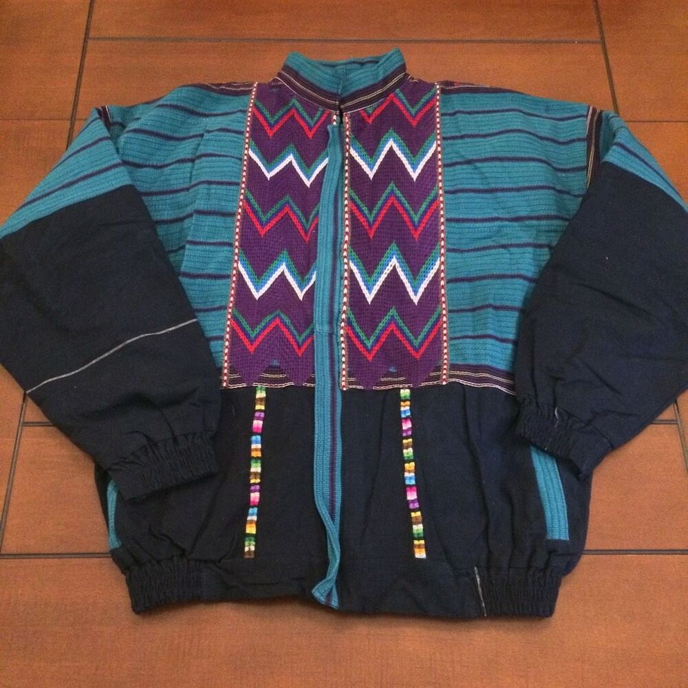 Vintage Boho Southwestern Woven Bomber Jacket Teal & Navy Blue Multi-Color xl wo